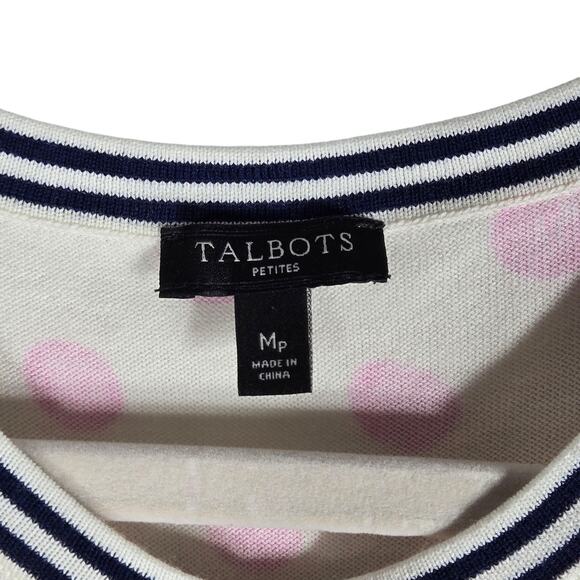 Talbots Petites Sweater Womens Medium Petite Pink Polka Dot Cardigan Navy Trim - Picture 3 of 10